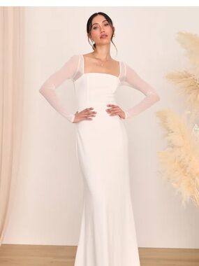 Elegant White Square-Neck Sheer Sleeve Dress